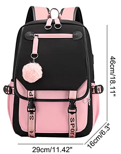 Jiayou Teenage Girls' Backpack Middle School Students Bookbag Outdoor Daypack With Usb Charge Port (21 Liters, Black Pink) #TOP1