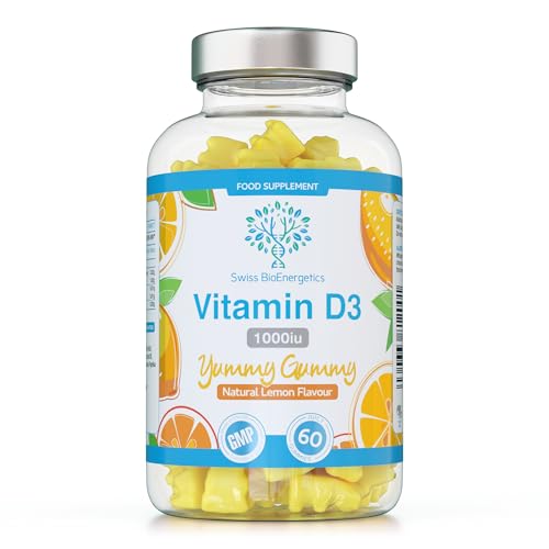 Vitamin D3 Gummies 25µg 1000IU - 60 Natural Lemon Flavour Chewable Yummy Gummies - 2 Month Supply - Made in The UK