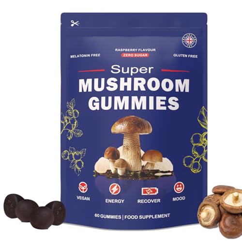 Super Mushroom Gummies with Lions Mane Supplement Focus Energy Raspberry Flavour (60 Gummies)