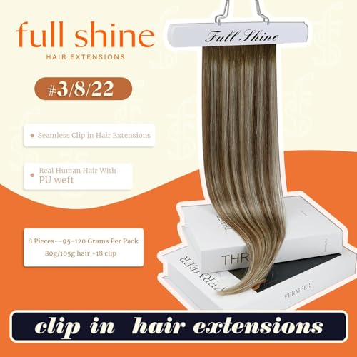 Image of Full Shine Clip in Hair Extensions Brown Ombre Real Hair Clip in Extensions Light Brown Mix Blonde Seamless Human Hair Extension for Women Ease of Use 14 Inch 8 Pcs 120g