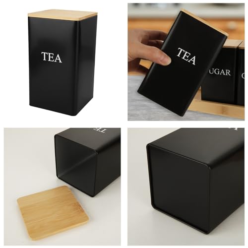 MEIDIV Set of 3 Black Tea Coffee Sugar Canisters Ensemble, Metal Tea Coffee Sugar Storage Containers with Bamboo Lid and Tray - Image 5