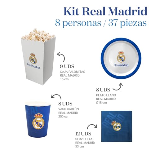 Miniatura 3 de Oh Yeah - Kit Vajilla Desechable Real Madrid De Cumpleaños 8 Personas - 37 Piezas - Licencia Oficial - Platos, Vasos, Y Servilletas Desechables - Decoración Cumpleaños Infantil Temático - Mesa Fútbol