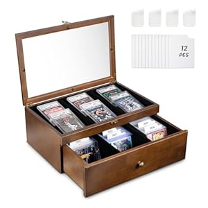 Emfogo Trading Card Storage Box, 70+ Graded Card Storage Box with Custom Drawer, Wood Storage Display Case with Large Clear Window, Sports Trading Card Box with Dividers for TCG/Mtg Collection