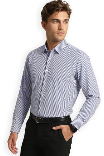 Image of Peter England Men's Regular Fit Full Sleeve Striped Formal Shirt | Cotton Rich | Wonder Fabric | Premium Dobby Weave