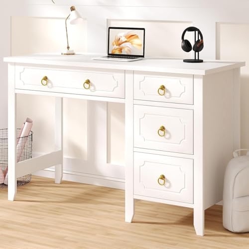 MaverickFurni White Desk with Drawers 45 Home Office Desk with Storage Drawers for Bedroom Make Up Vanity Desk with Golden Handle White
