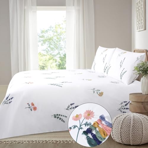 YINFUNG White Floral Duvet Cover Cotton Queen Flower Embroidered Pink