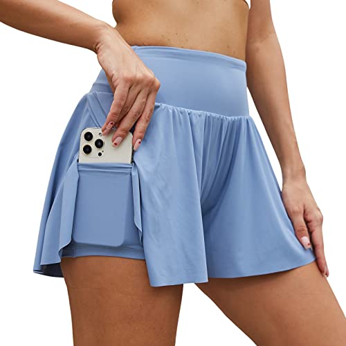 Acrweg Athletic Shorts For Women 2 In 1 Running Flowy Tennis Yoga Workout Casual Shorts With Liner,Pocket Blue #TOP1