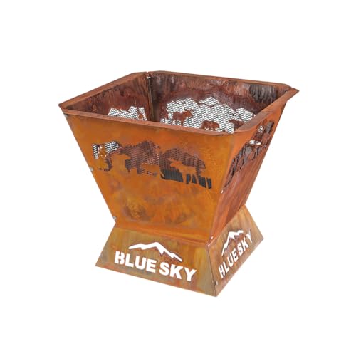 Blue Sky 29.5" Badlands Outdoor Rustic Steel Decorative Square Raised Fire Pit, Northern Woods