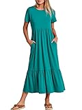 ANRABESS Women Summer Casual Short Sleeve Crewneck Aline Swing Flowy Tiered Shirt Maxi Beach Long Dress 2025 Trendy Outfits Medium Lake Green