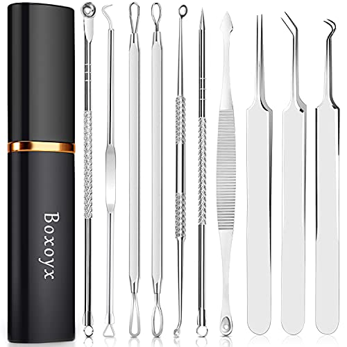 Blackhead Remover Pimple Popping Tool Kit Boxoyx 10Pcs Professional Pimple Comedone Extractor Popper Tool Acne Removal Kit-Treatment for Pimple Blackhead Zit Removing Forehead Facial&Nose (Silver)