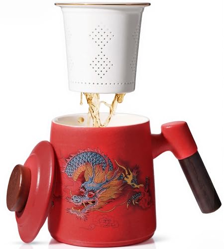 Porcelain Tea Cup with Infuser and Lid,Ceramic Tea Mug for Loose Leaf,Tea Strainer Cup with Wood Handle,Chinese Dragon Red Cup,All Ceramic Infuser,BPA-Free for Tea Lovers/Birthday/Valentine's Day