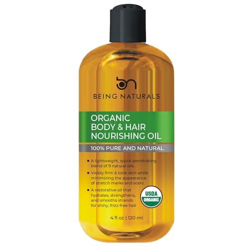 Being Naturals Organic Hair & Body Oil- for Stretch Marks, Dark Spots & Acne Scars with 9 Essential Oils & Omega 3 ;Firm & Tone Skin ; Body, Face& Hair Moisturizer - 4 fl oz