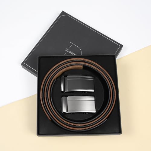 Image of 2 Pack Ratchet Belt 1 3 /8 inch, Mens leather Dress Belt in Gift Set Size 28 inch-62 inch Adjustable waist Trim to Fit