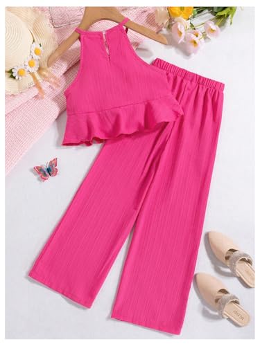 Image of SweatyRocks Girl's 2 Piece Outfits Ruffle Halter Sleeveless Top and Elastic High Waisted Pants Set