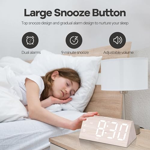Image of Digital Alarm Clock, with Wooden Electronic LED Time Display, 3 Alarm Settings, Humidity & Temperature Detect, Wood Made Electric Clocks for Bedroom, Bedside, Desk (White-Big Bold)