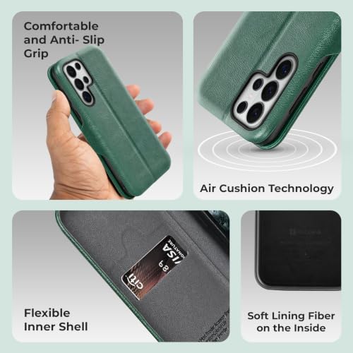Image of PULOKA Premium Vegan Leather Phone Cover with Card Slot - Compatible with Samsung Galaxy S25 Ultra - Sleek Flip Case, Slim, Durable, Privacy Protection, Kickstand Function (Green)
