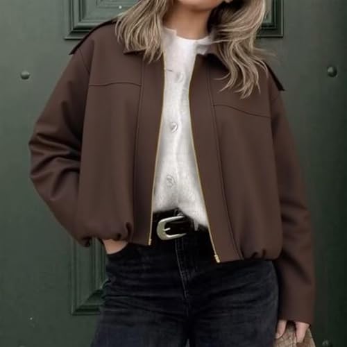 Women's Faux Suede Bomber Jacket, Oversized Cropped Zip Up Lapel Pilot Coat for Spring Fall2