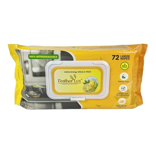 Feather Lux Premium Kitchen Wipes - Extra Strong Thick Absorbent Grime Remover-Biodegradable Disposable Multi-Surface Cleaning Natural Lemon Scented Disinfectant Large Wet Sheets 72x1(Total 72 wipes)