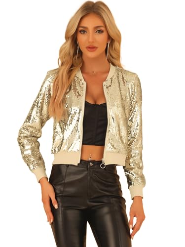 Allegra K Women Sequin Bomber Jackets Halloween Sparkly Long Sleeve Zip Front Shiny Cropped Jacket Glitter Party Disco Outfit
