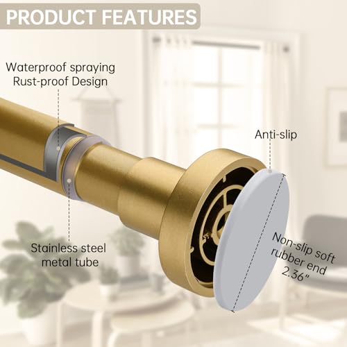 Image of BRIOFOX Shower Curtain Rod Adjustable 18-78 Inch, Stainless Steel Spring Tension Shower Rod No Drilling Non Slip, Warm Gold
