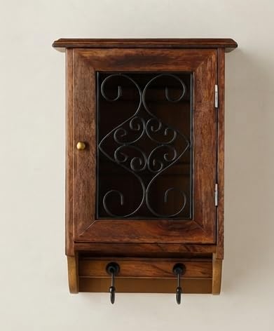 Woods Aura Crafts Wooden Wall Hanging Key Holder Brown 33 cm | Wood and Iron, Decorative Iron Scrollwork, 3 Iron Hooks, 23 x 33 cm Size, Entryway Organiser-image-35