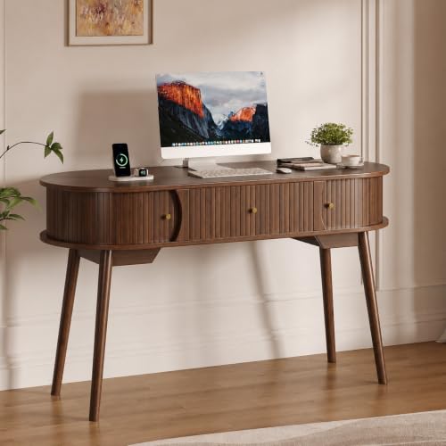 OneBlis 55" Mid Century Modern Computer Desk with Drawers and Charging Station, Fluted Wood Office Desk with Storage, Writing Desk with Sliding Tambour Doors for Home Office and Bedroom, Walnut