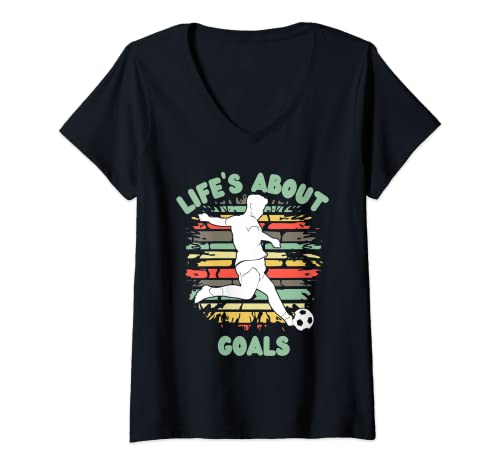 Mujer Life's About Goals Divertido Fútbol Amante del Fútbol Jugador Retro Camiseta Cuello V