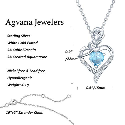 Agvana March Birthstone Jewelry Aquamarine Necklace For Women Sterling Silver Rose Flower Heart Pendant Necklace Fine Jewelry Anniversary Birthday Gifts For Women Girls Mom Wife Lady Her #TOP5