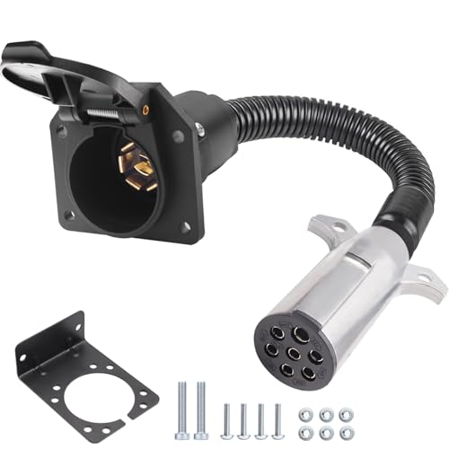 Ruibapa 7 Pin Round to 7 Pin RV Trailer Adapter,7 Pin Trailer Plug Adapter with Mounting Bracket,7 Pole Round to 7 RV Blade Adapter Connector,Trailer Connector