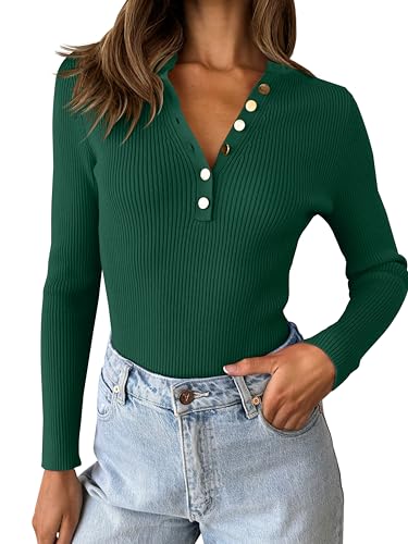 ZESICA Women's 2024 Long Sleeve Button Down V Neck Slim Fitted T Shirts Fall Casual Ribbed Knit Basic Tee Tops,Green,Large