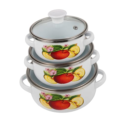 VERDANVERSE 3 Piezas Olla de Esmalte Vintage Doble Asa y Tapa Cacerola para Cocinar Guisos y Sopas Resistente Altas Temperaturas Aleatorio para Uso Doméstico y Cocinas Pequeñas