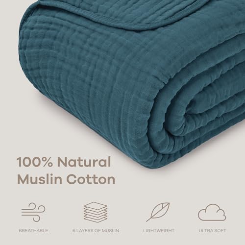 Image of Comfy Cubs Muslin Throw Blanket - 50 inch x 60 inch Quilted Design - Lightweight, Breathable 6-Layer Gauze Fabric - Soft Cotton Blanket for Home or Travel - Packaged in Elegant Gift Box - Neptune