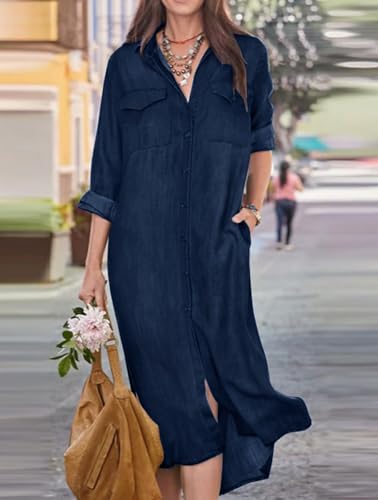 chouyatou Women's Summer Casual Denim Shirt Dress Roll Up Long Sleeve Loose Maxi Shift Jean Dress2