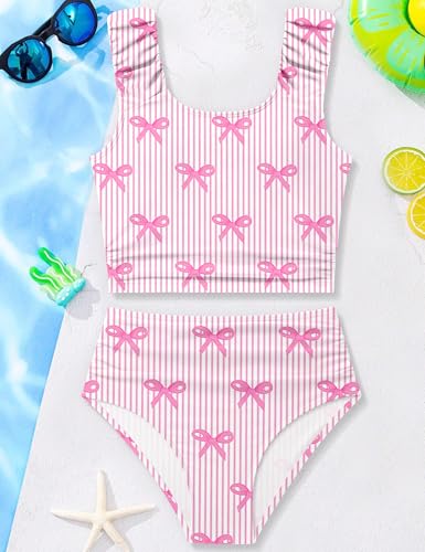 Image of Girls Tankini Swimsuit 2 Piece Bathing Suit Twist Cross Back Cutout Swim Tank Top Floral Print Swimwear for 7-18Y