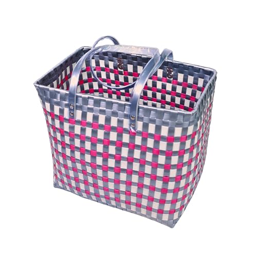 Image of Hand Made Multipurpose Plastic Basket with Lid | Eco-Friendly, Washable, Rust-Free Storage Basket for Kitchen, Picnic, Toys, Travel, Office | Lightweight basket (Pink with Grey, XL)
