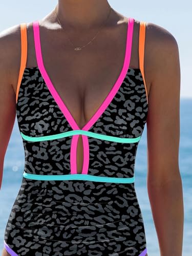 Image of popvil Women One Piece Swimsuit 2026 Tummy Control Sexy Cutout Neon Color Block Bathing Suit Slimming Adjustable Swimwear