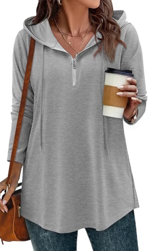 BETTE BOUTIK Womens Quarter Zip Tunic Hoodies Pullover Long Hooded Sweatshirts S-3XL
