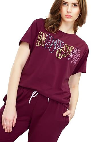Image of ZEYO Women's Cotton Typography Wide Bottom Night Suit Set of Top & Pajama Set