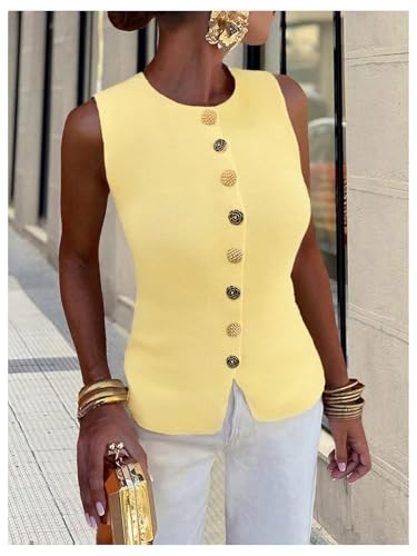 WDIRARA Women's Plus Size Metal Button Down Sweater Vest Crew Neck Sleeveless Knit Tank Top4