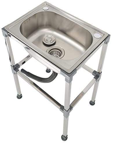 Stainless Steel Stand Alone Sink Freestanding Outdoor Sink with Bracket Sink Kitchen Sink Single Bowl Hand Wash Sink for Laundry Garage Indoor Outdoor, depth18cm (52x38x75cm)