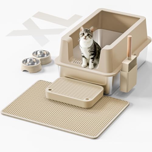 Stainless Steel Cat Litter Box - Enclosed XL Metal Kitty Litter B...