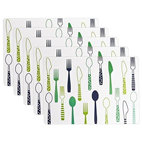 Image of Washable Table Place Mats Set of 6, Heat Insulation Non-Slip PVC Plastic Rectangular Placemats for Kitchen, Restaurants Dinning Room, 40 x 28.1 cm (Set of 6, Green - Fork & Knife)