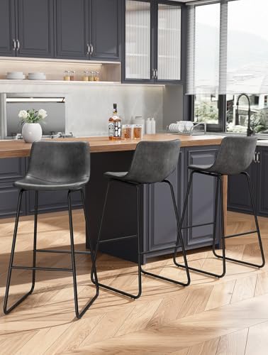 Image of REONEY Bar Stools Set of 3, 30 inch Urban Faux Leather Counter Stools, Grey