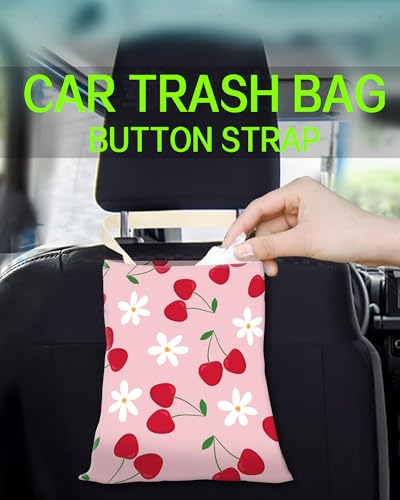Image of Car Trash Can, Durable Hanging Car Trash Garbage Bag, Cute Automotive Garbage Cans Organizer, Cute Pink Cherry
