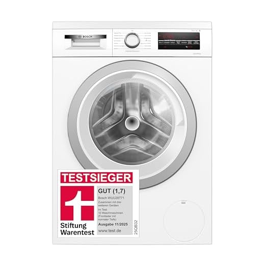Bosch WUU28T71, Stiftung Warentest Testsieger*, Serie 6 Waschmaschine 8 kg, Unterbaufähig, 1400 UpM, Beladungserkennung, Hygiene Plus, Nachlegefunktion, Frontlader, LED Display, Schontrommel, AquaStop