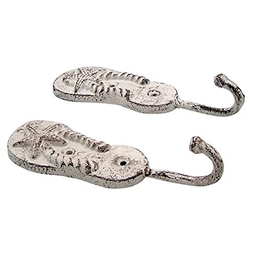 Beach Themed Decor- Cast Iron Pair of White Washed Flip Flop Wall Hooks, Set of 2, 6.5 Inches - Image 5