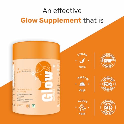 Mypro Sport Nutrition Glow Skin Gummeis | with Glutathione&hyaluronic Acid,sea Buckthorn,vitamin C & E | to Support Healthier&youthful Skin Health | Natural Orange Flavoured for Men&women-30 Gummies