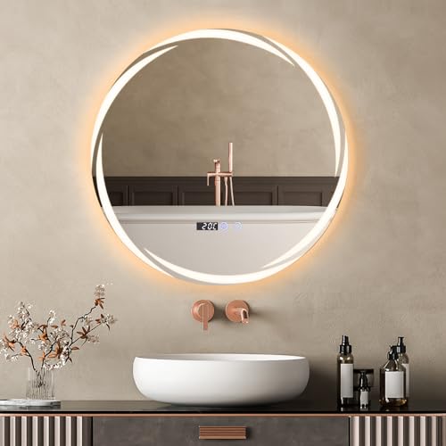 YOURLITE 600mm Round Bathroom Mirror with LED Light, Illuminated Wall Mounted Vanity Mirror with Demister, Anti-Fog Large Circle Makeup Mirror, 3-Color Dimmable LED Light, Touch Control, IP44 (wind)