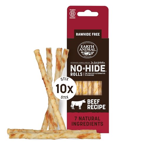 Earth Animal No-Hide Beef Stix (10 Chews Per Pack) Long-Lasting Cat & Dog Chews Natural Dog Treats for Small Dogs (< 5 kg) Supports Healthy Teeth & Gums 100% Recyclable Packaging