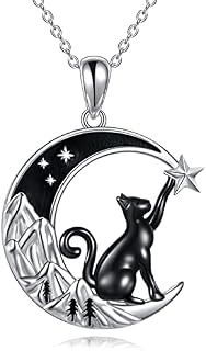 VONALA 925 Sterling Silver Black Cat Necklace with Moon Pendant Jewellery Birthday Gifts for Women Teen Girls